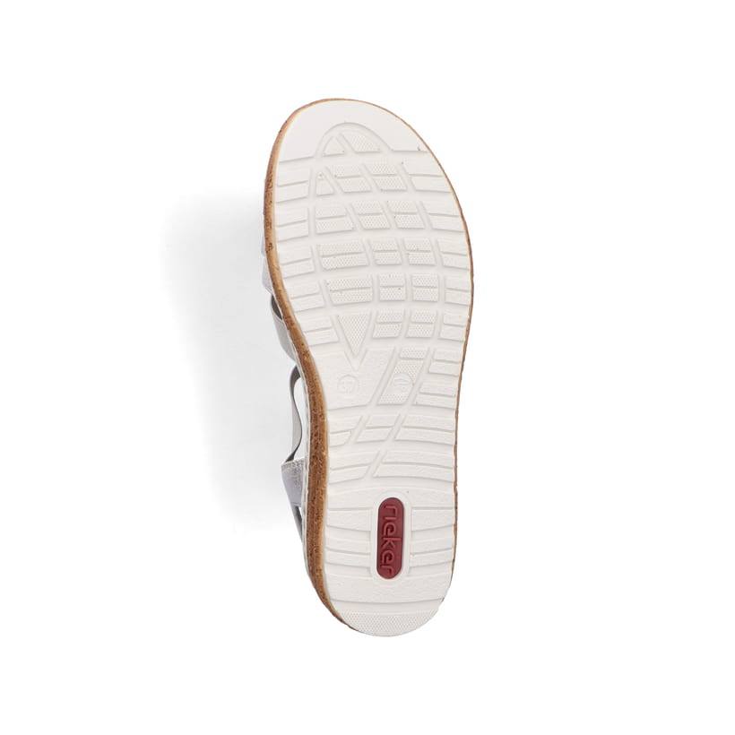 Graue Rieker Keilsandaletten 62771-40 mit Schmuckelementen sowie einem Gummizug. Schuh Laufsohle.