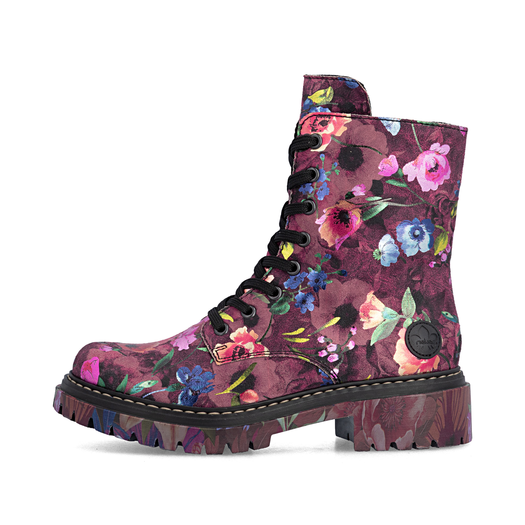 Vegane, bordeauxfarbene Rieker Damen Biker Boots 72627-92 mit floralem Aufdruck. Schuh Außenseite.