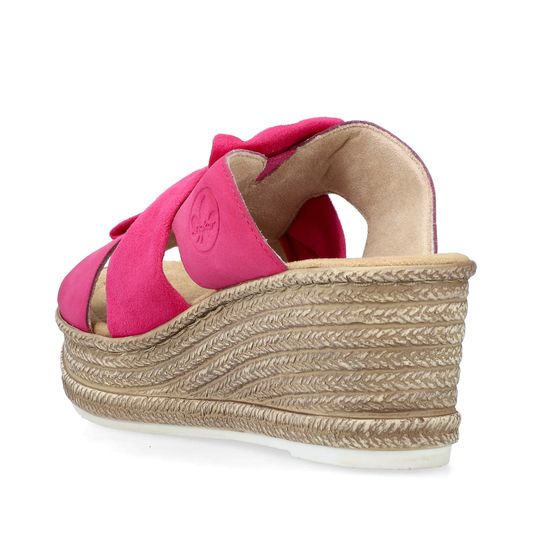 Rosane Rieker Damen Pantoletten 68789-31 mit dekorativer Schleife sowie Gummizug. Schuh von hinten.