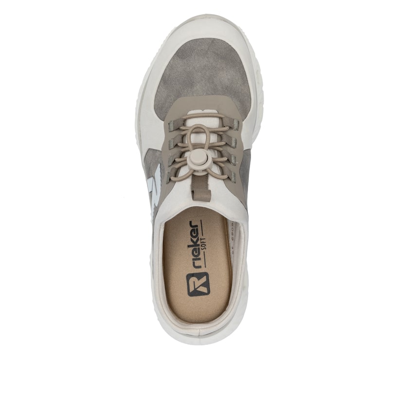 Graue Rieker Damen Clogs M6069-45 mit einem Gummizug sowie einer flexiblen Sohle. Schuh von oben.