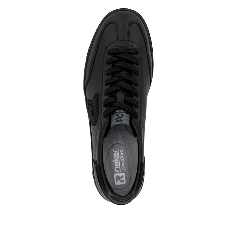 Schwarze Rieker Herren Sneaker Low U2200-02 mit einer Schnürung. Schuh von oben.