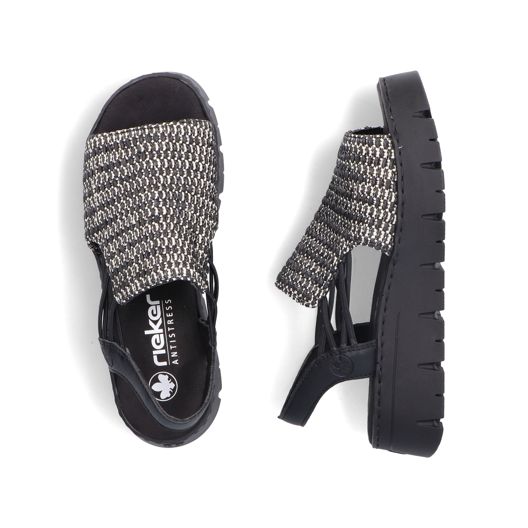 Sandales compensées Rieker noires femme V1051-00 avec bande élastique. Chaussure vue de dessus, couchée.