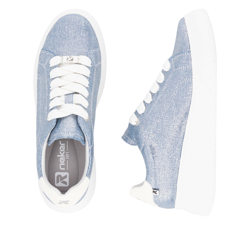 Baskets basses Rieker bleues végétaliennes femme W2302-14 avec lacets. Chaussure vue de dessus, couchée.