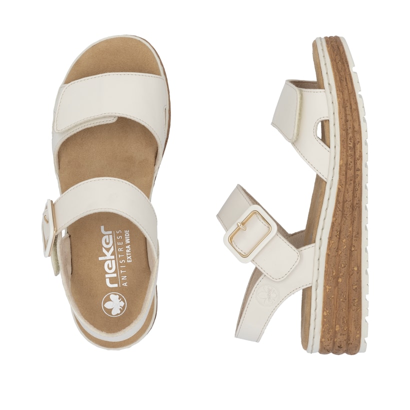 Beige Rieker Keilsandaletten 62760-60 mit trendigen Schnalle. Schuh von oben, liegend.