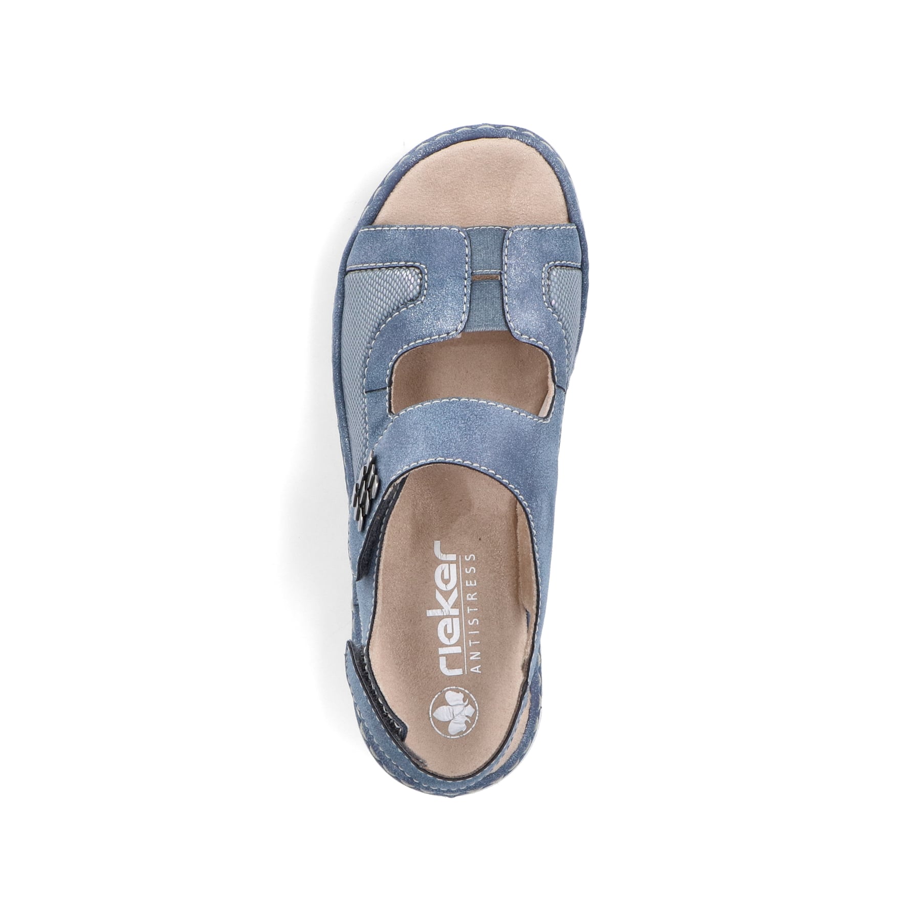 Blaue Rieker Keilsandaletten V1389-12 mit Schmuckelementen sowie Klettverschluss. Schuh von oben.