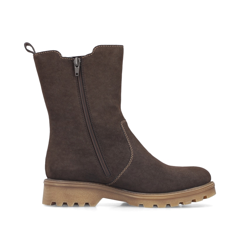 Dunkelbraune Rieker Damen Chelsea Boots 73260-25 mit einem Reißverschluss. Schuh Innenseite.