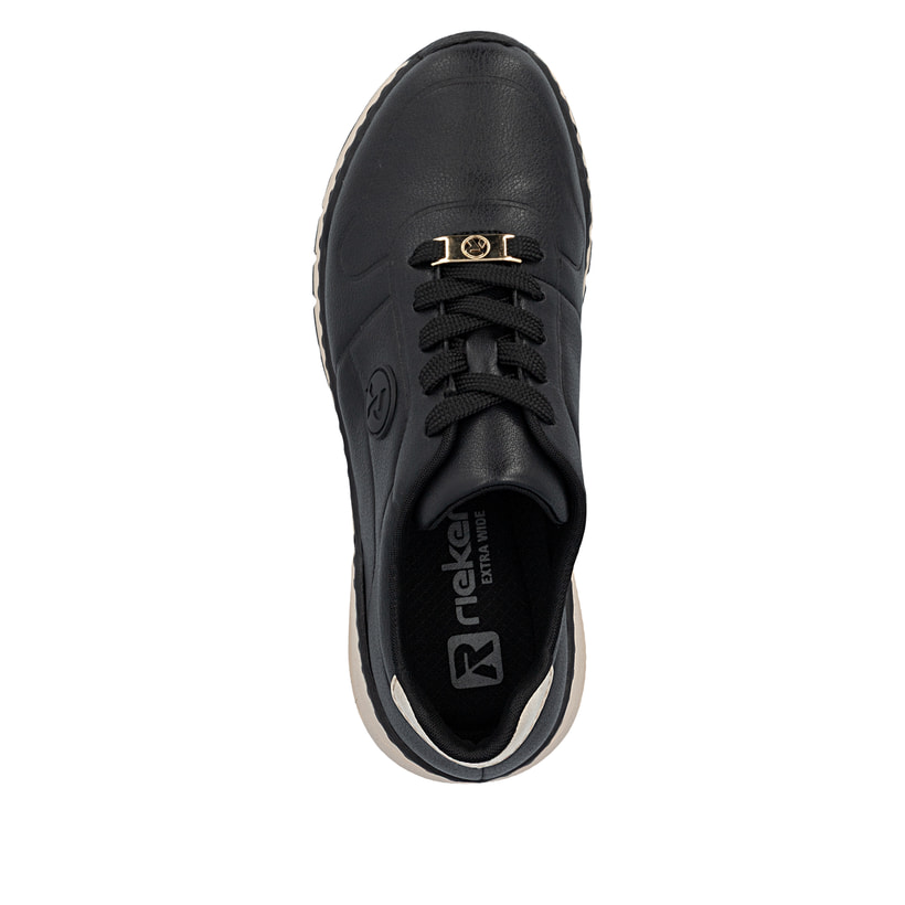 Schwarze Rieker Damen Sneaker Low M4903-03 aus Glattleder mit einer Schnürung. Schuh von oben.