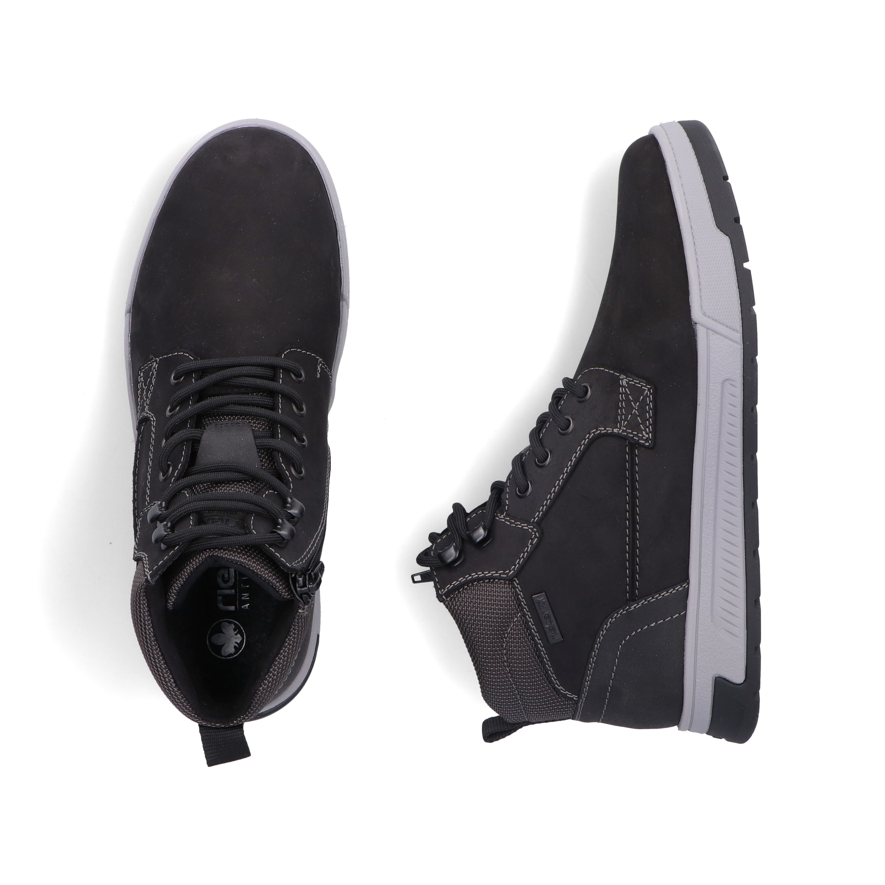 Schwarze Rieker Herren Schnürstiefel 36040-00 aus Rauleder. Schuh von oben, liegend.