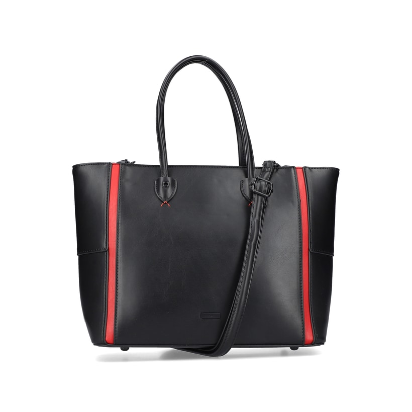 Rieker Damen Shopper H1524-00 in Tiefschwarz-Feuerrot aus Kunstleder mit Reißverschluss. Shopper Vorderseite.