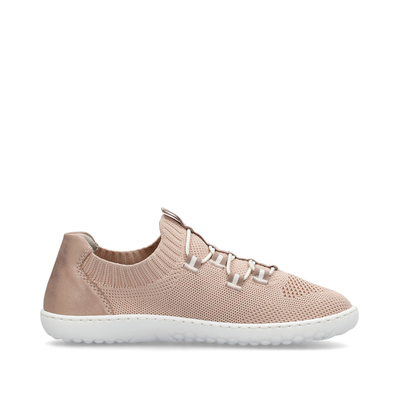 Rosane vegane Rieker Damen Slipper 52854-31, Barfußschuhe mit einem Gummizug. Schuh Innenseite.