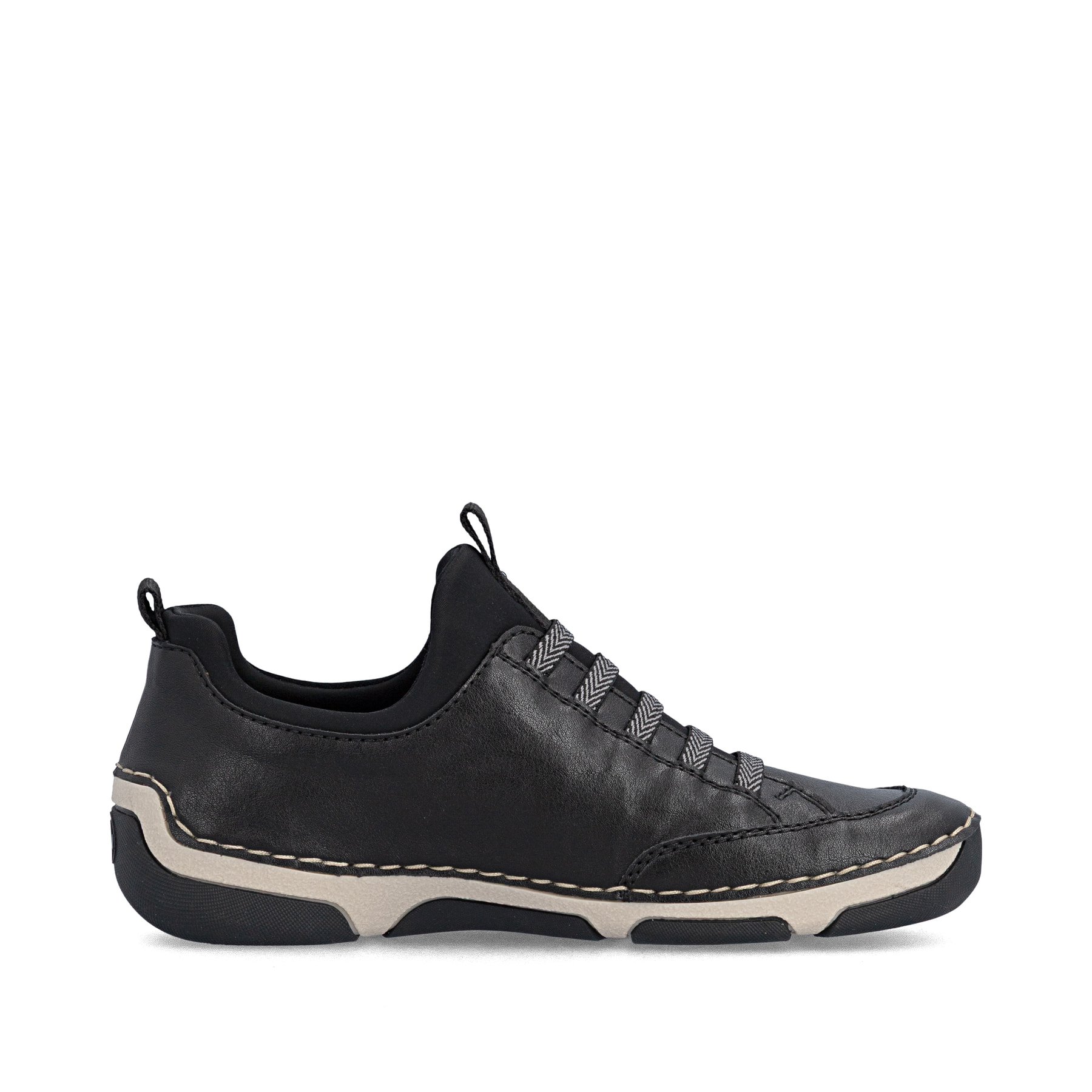 Schwarze Rieker Damen Slipper 55952-00 mit einem Gummizug. Schuh Innenseite.