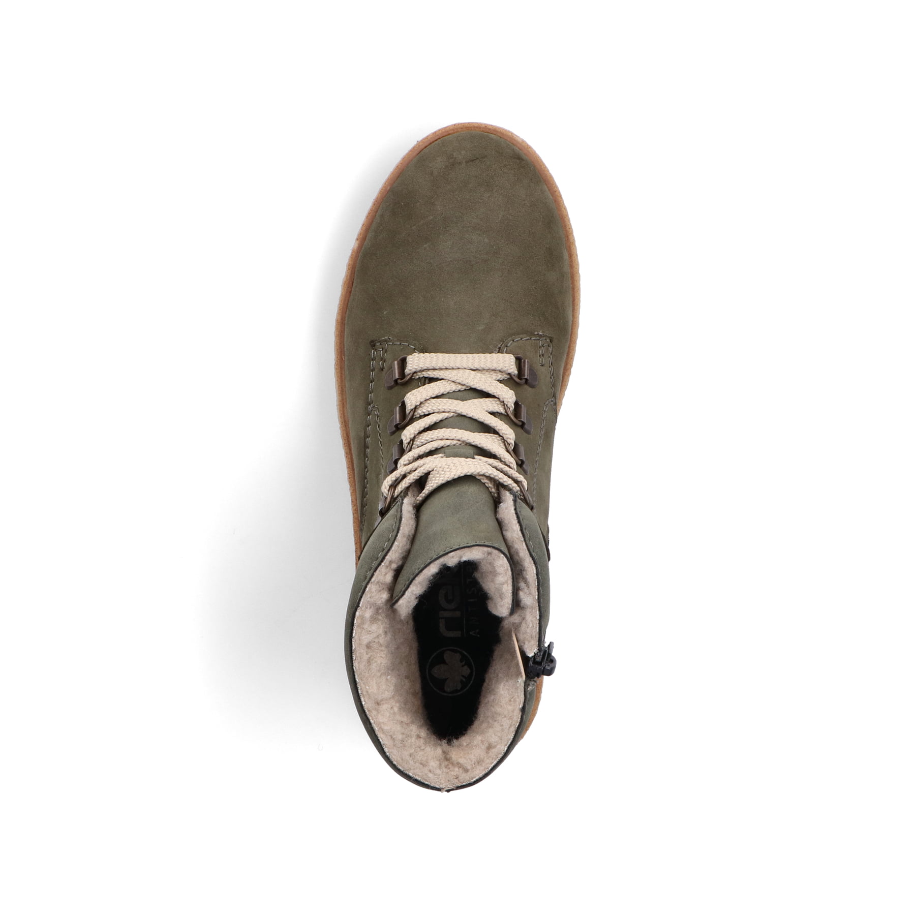 Schilfgrüne Rieker Damen Schnürstiefel Y0033-54 mit einem Reißverschluss. Schuh von oben.