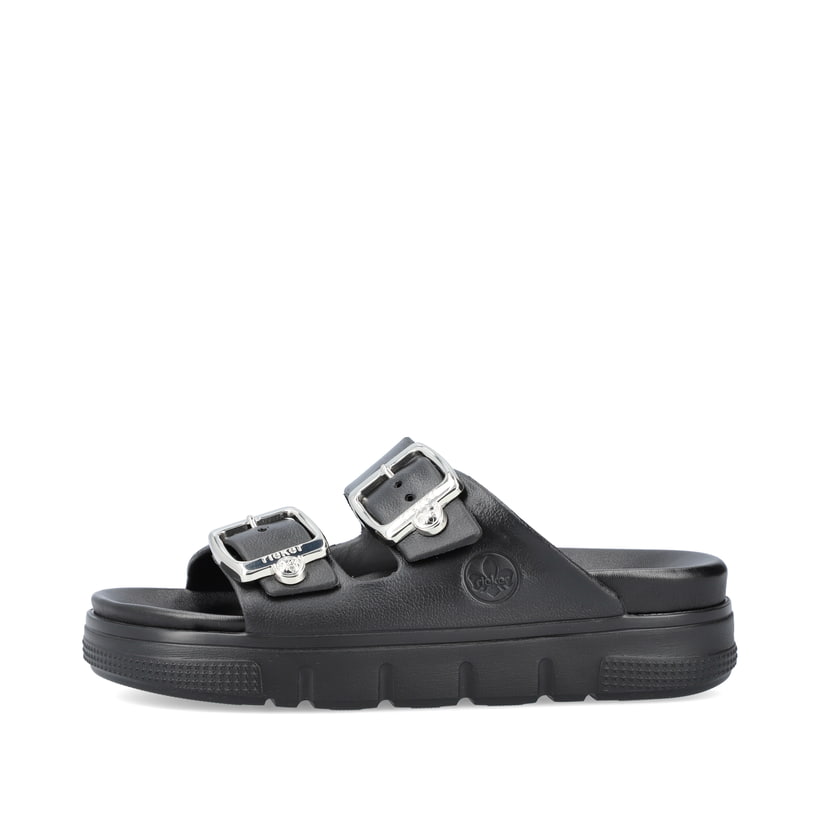 Schwarze Rieker Damen Pantoletten P2180-00 mit Schnallen sowie flexibler Sohle. Schuh Außenseite.