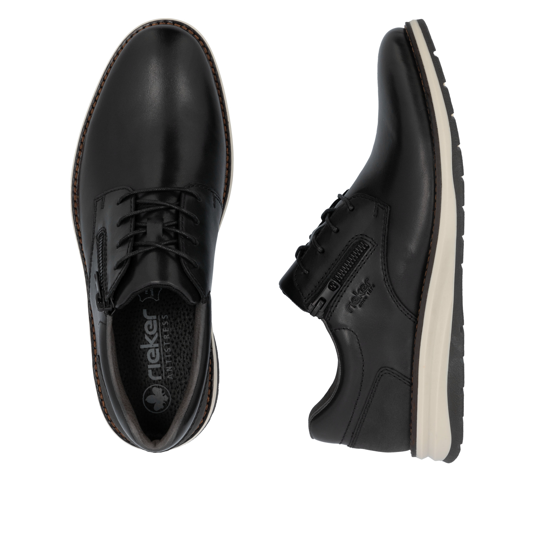 Schwarze Rieker Herren Schnürschuhe 14706-00 aus Glattleder mit Reißverschluss. Schuh von oben, liegend.