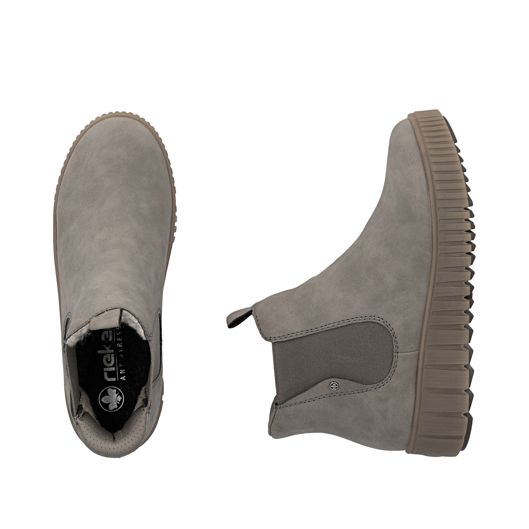Hellgraue Rieker Damen Chelsea Boots Y6150-42 mit easy Hineinschlüpf-Möglichkeit. Schuh von oben, liegend.