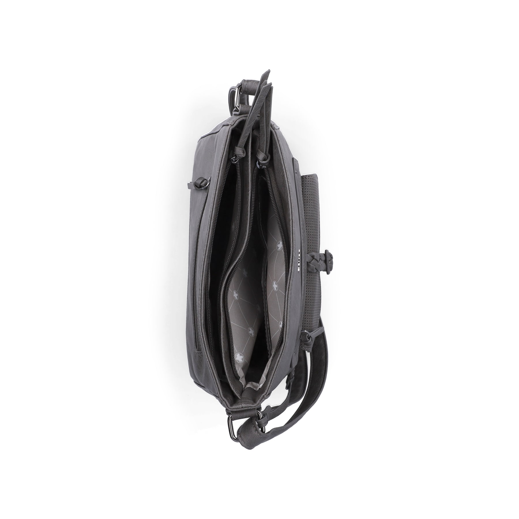Sac à main Rieker H1340-42 en gris avec sangle décorative tressée, fermeture éclair et poche pour téléphone portable. Ouvert.
