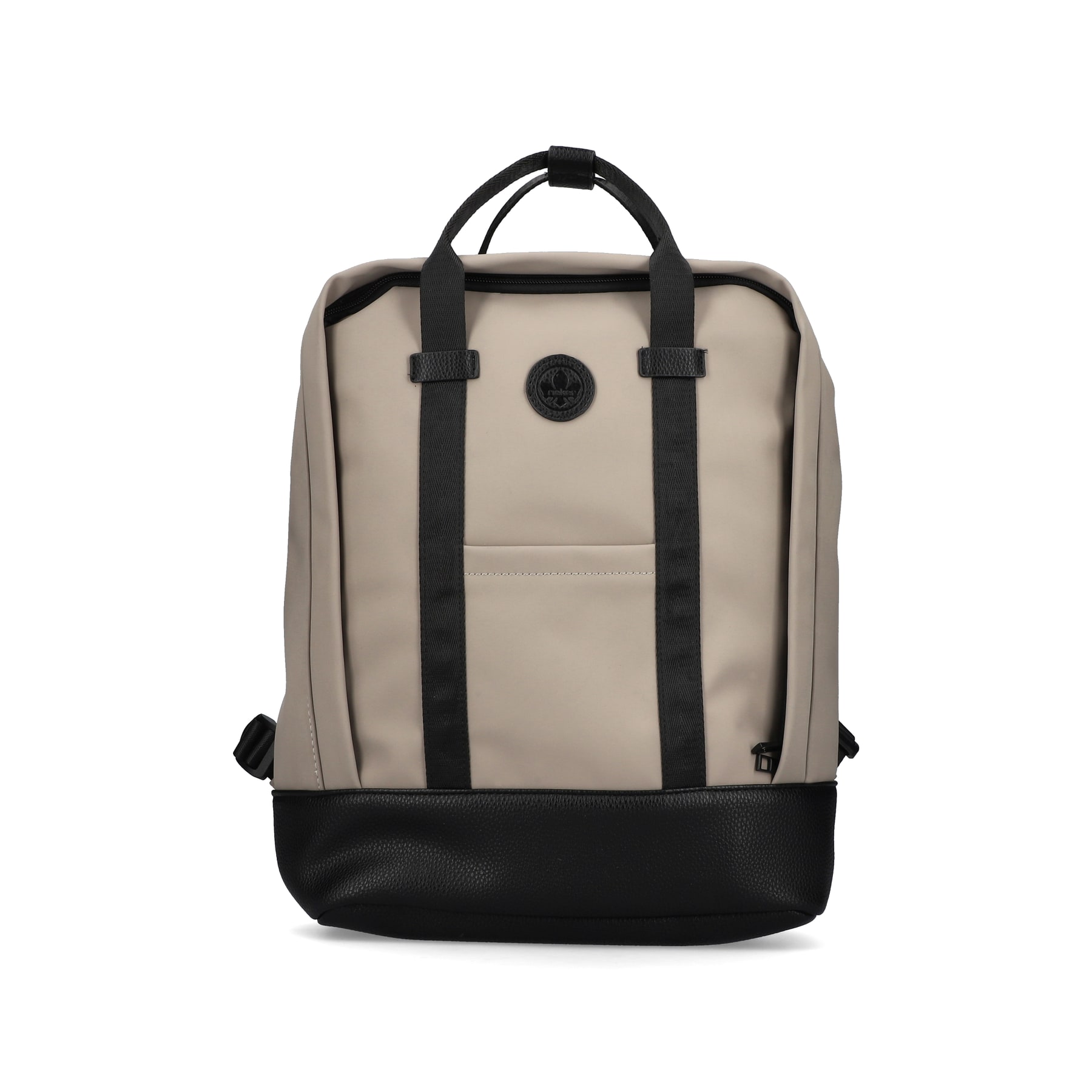 Rieker Damen Rucksack H1530-62 in Sandbeige-Schwarz aus Kunstleder mit Reißverschluss. Rucksack Vorderseite.