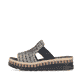 Schwarze Rieker Damen Pantoletten V7953-00 mit einem Gummizug. Schuh Außenseite.
