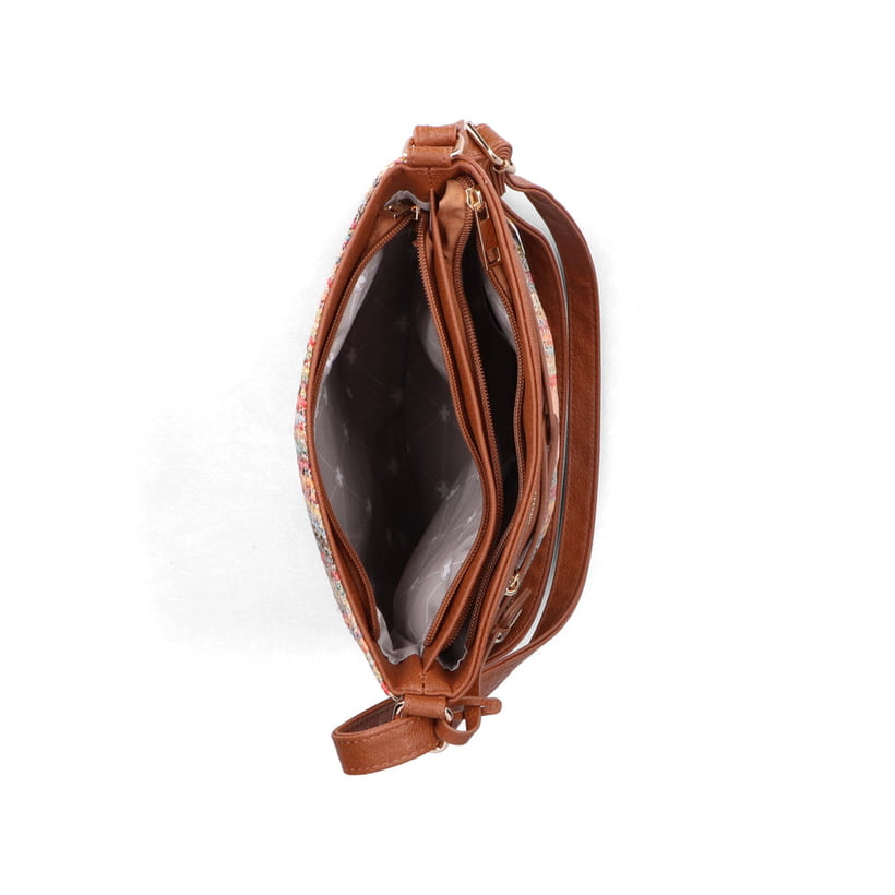 Sac à bandoulière Rieker H1519-90 multi avec un aspect tissé coloré et deux compartiments principaux. Ouvert.