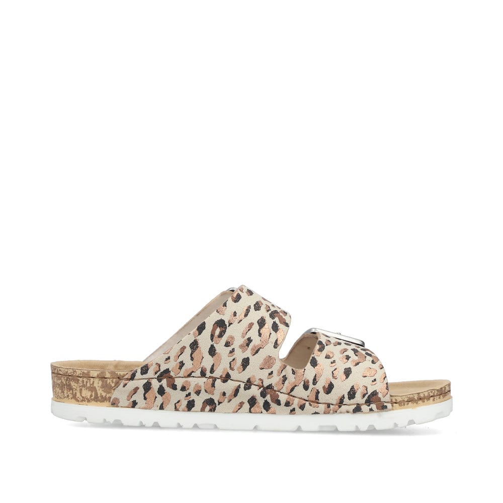 Mules Rieker beiges pour femme 69850-61 avec imprimé animal à la mode. Côté intérieur de la chaussure.