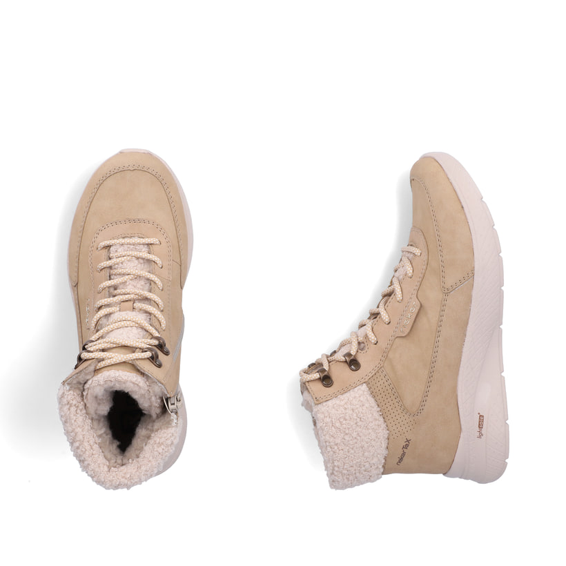 Vegane, beige Rieker Damen Sneaker High M8510-60 mit Teddyfell-Kragen. Schuh von oben, liegend.