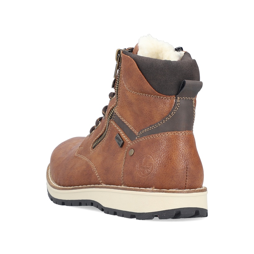Braune Rieker Herren Schnürstiefel 38425-25 mit wasserabweisender TEX-Membran. Schuh von hinten.