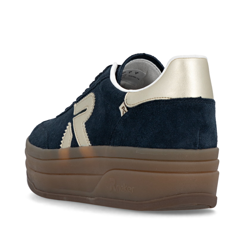 Baskets basses Rieker bleues pour femme W3700-14 avec lacets. Chaussure vue de l'arrière.