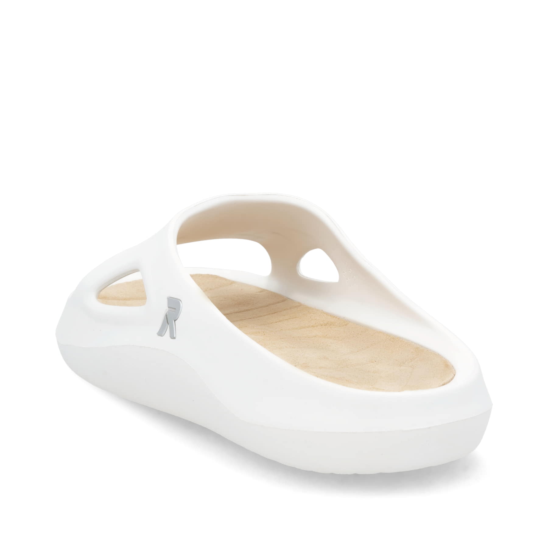 Weiße Rieker Herren Pantoletten U3350-80 mit ultraleichter und flexibler Sohle. Schuh von hinten.