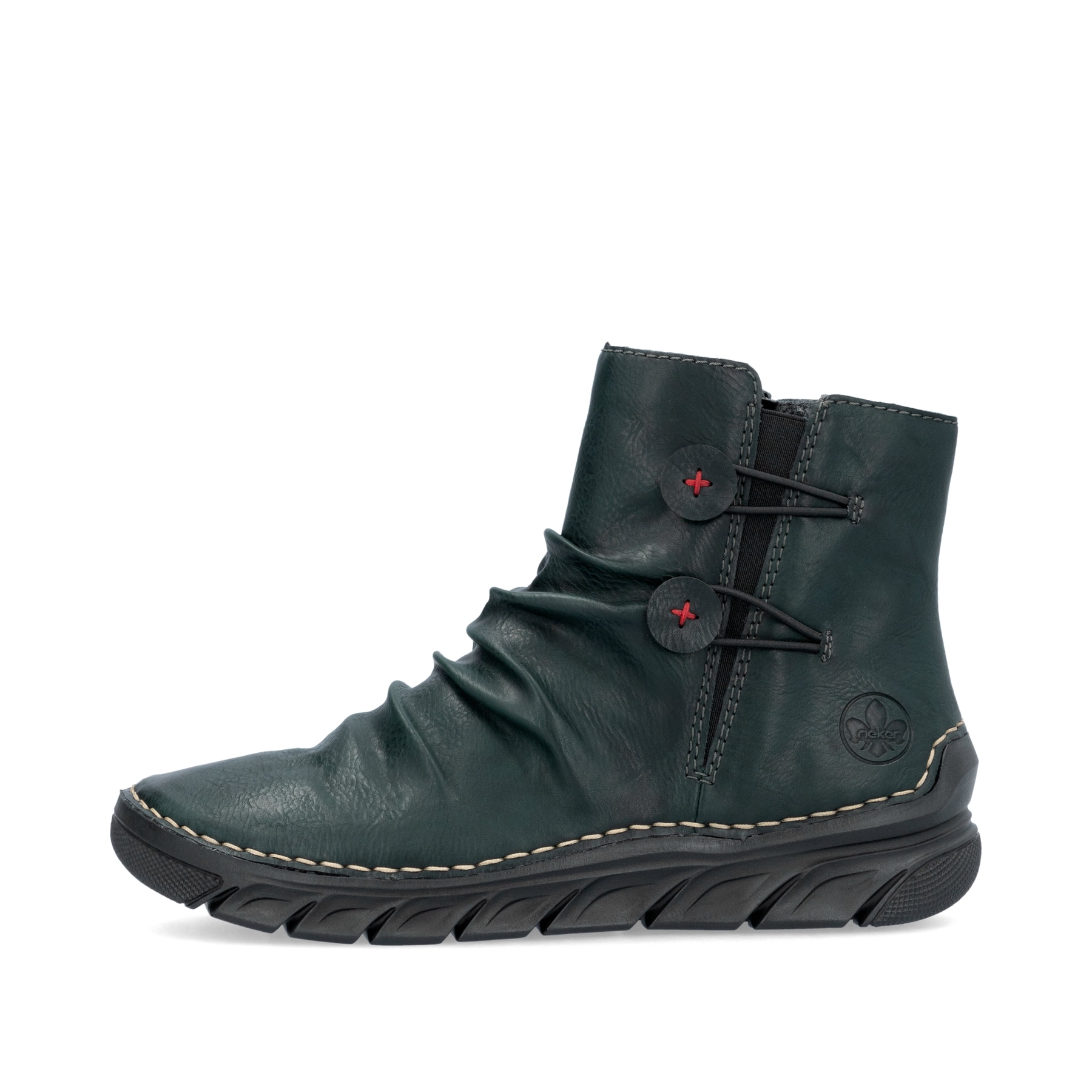 Grüne Rieker Damen Kurzstiefel 55052-54 mit geraffter Optik sowie Reißverschluss. Schuh Außenseite.