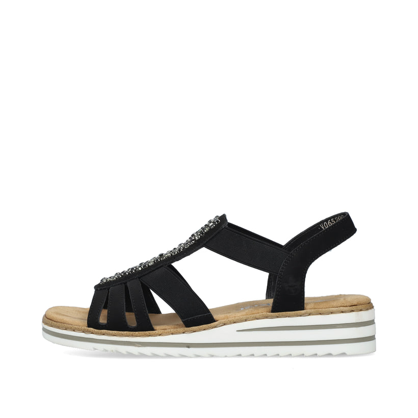 Schwarze Rieker Keilsandaletten V0652-00 mit Schmuckelementen sowie Gummizug. Schuh Außenseite.