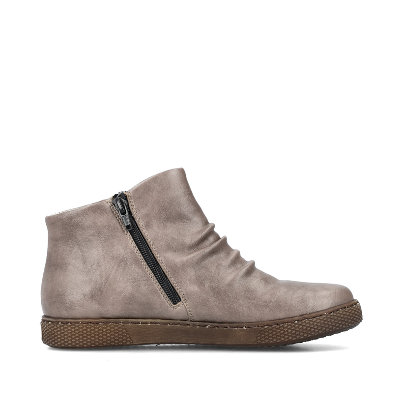 Braungraue Rieker Damen Kurzstiefel Z1263-42 mit einem Reißverschluss. Schuh Innenseite.
