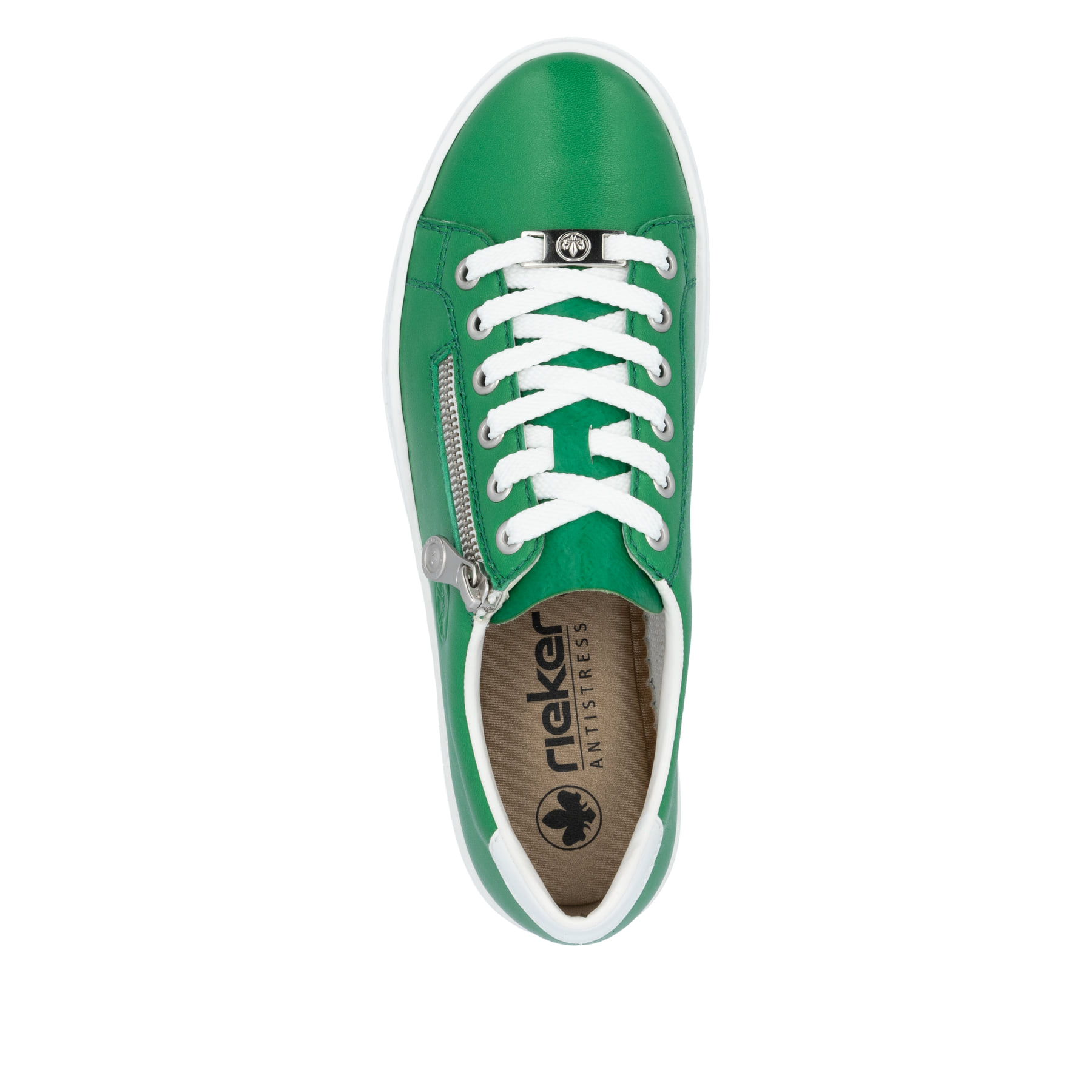 Grüne Rieker Damen Sneaker Low L59L1-52 mit einem Reißverschluss. Schuh von oben.