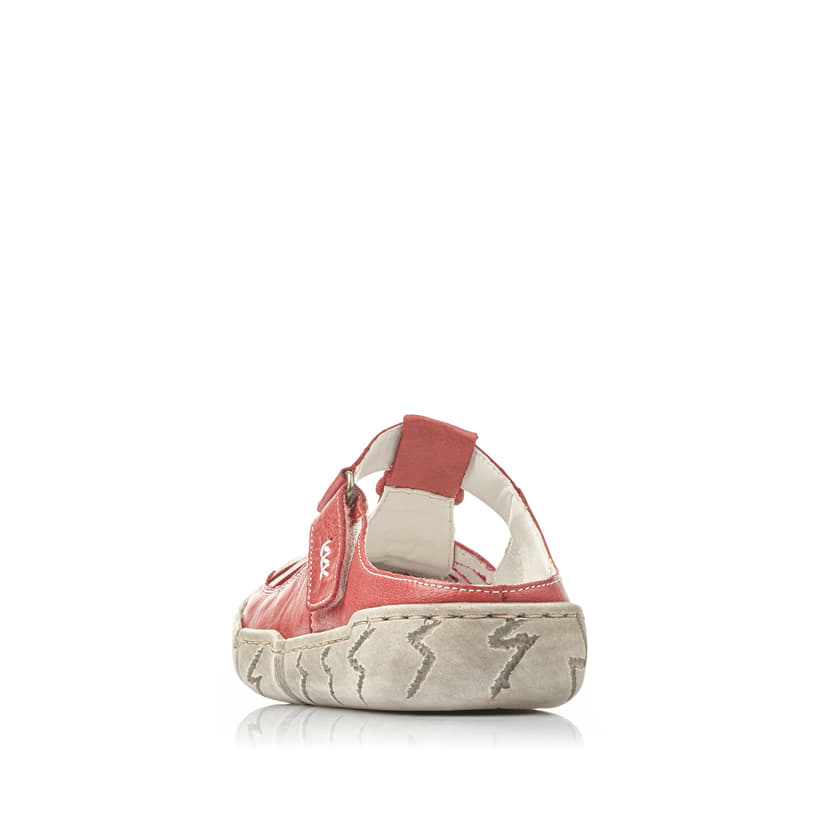 Rote Rieker Damen Clogs L0396-33 mit handgestickten Nähten sowie Klettverschluss. Schuh von hinten.