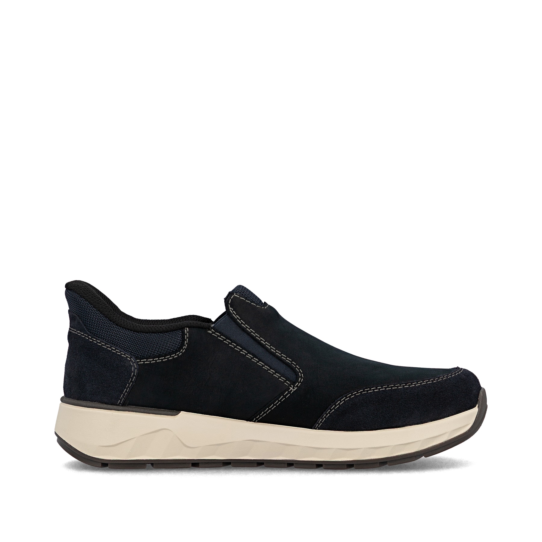 Mocassins Rieker bleus pour homme 11551-14 en cuir suédé. Chaussure vue de l'arrière.
