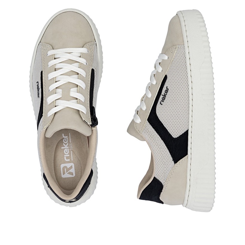 Beigeschwarze Rieker Damen Sneaker Low N9900-60 mit einem Reißverschluss. Schuh von oben, liegend.