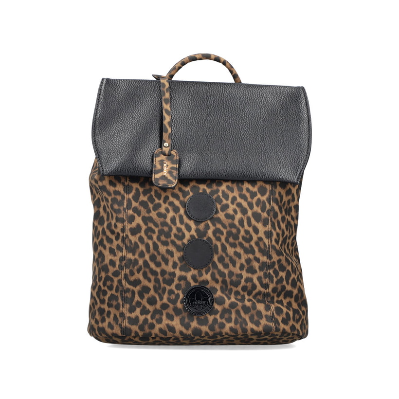 Rieker Rucksack H1357-24 in Animalprint mit bunten Details, Reißverschluss und Handyfach. Vorderseite.