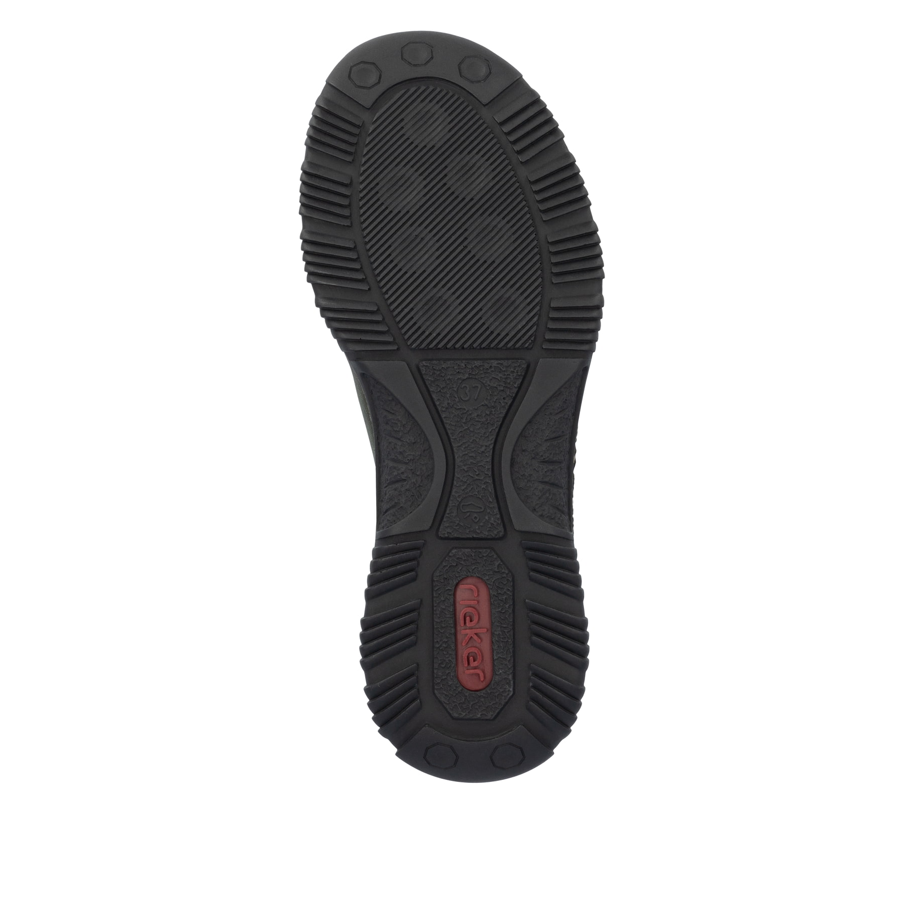 Dunkelgrüne Rieker Damen Slipper N3271-54 mit farbenfrohen Details. Schuh Laufsohle.