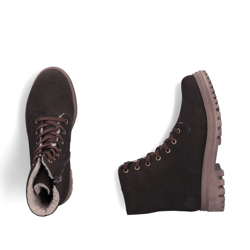 Dunkelbraune Rieker Damen Biker Boots Y7622-25 mit einem Reißverschluss. Schuh von oben, liegend.