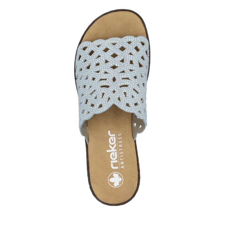 Blaue Rieker Damen Pantoletten V3693-10 mit Strasssteinen sowie leichter Sohle. Schuh von oben.
