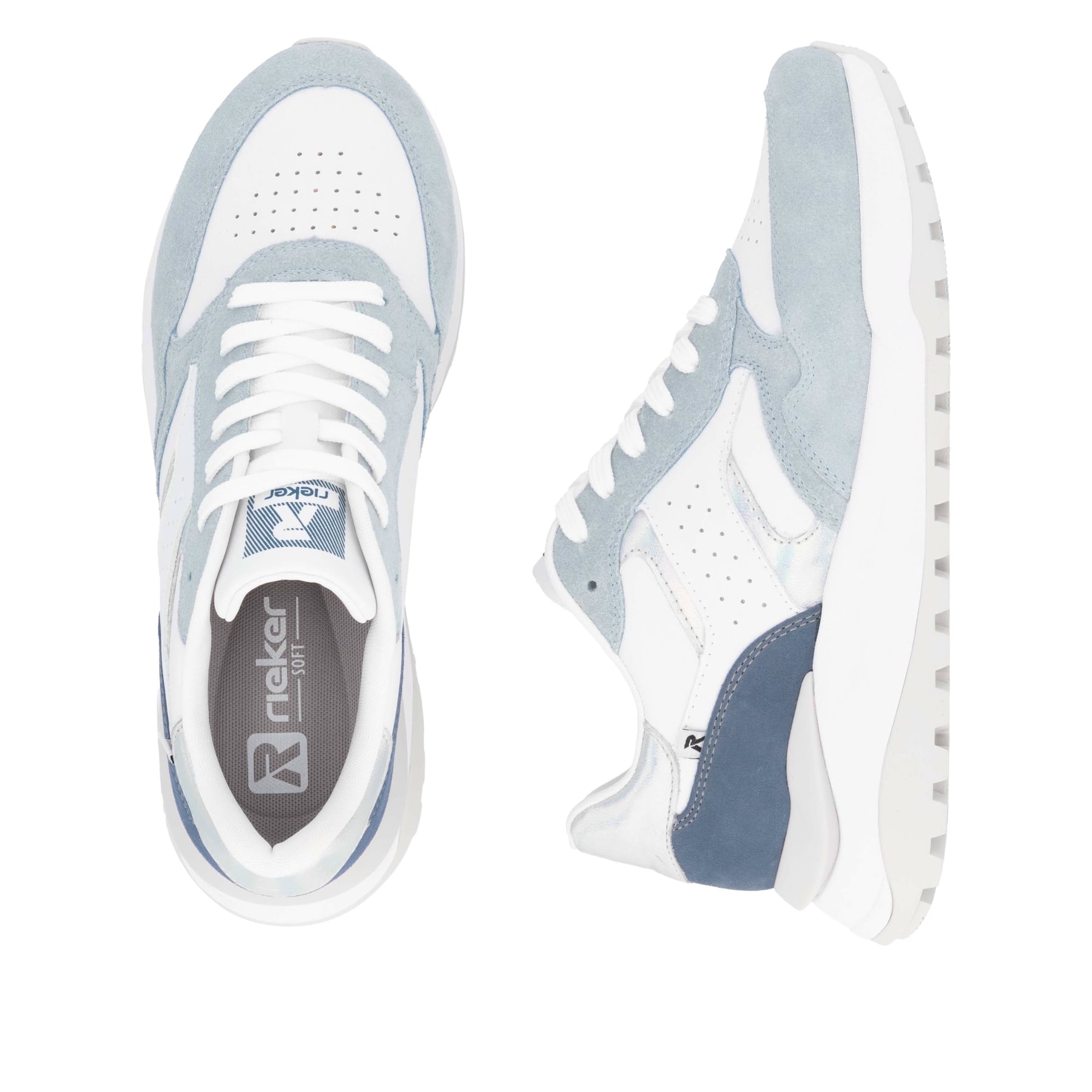 Baskets basses Rieker blanches pour femme W2500-80 avec lacets. Chaussure vue de dessus, couchée.
