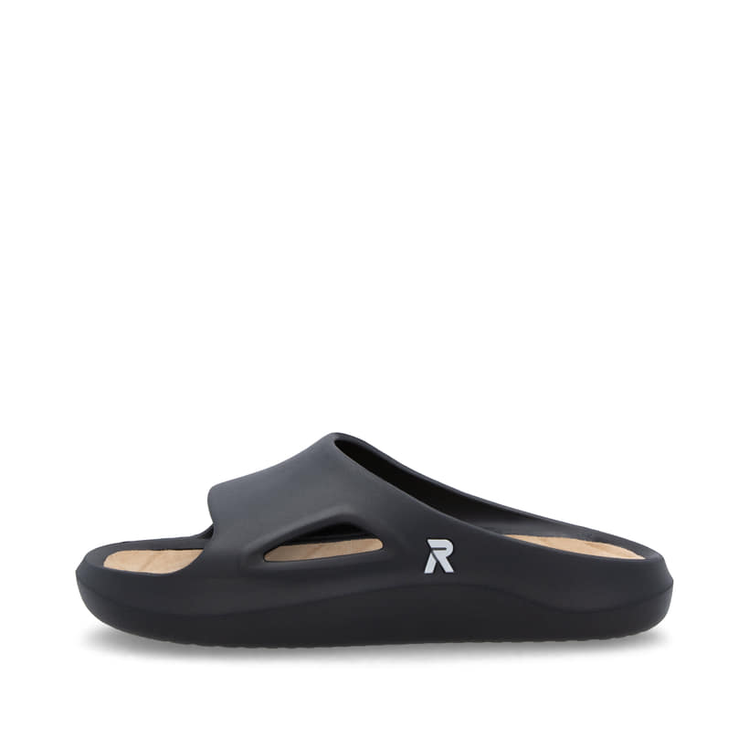 Schwarze Rieker Herren Pantoletten U3350-00 mit einer ultraleichten Sohle. Schuh Außenseite.
