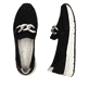 Schwarze Rieker Damen Loafer 58944-00 mit Deko-Kette sowie einem Gummizug. Schuh von oben, liegend.