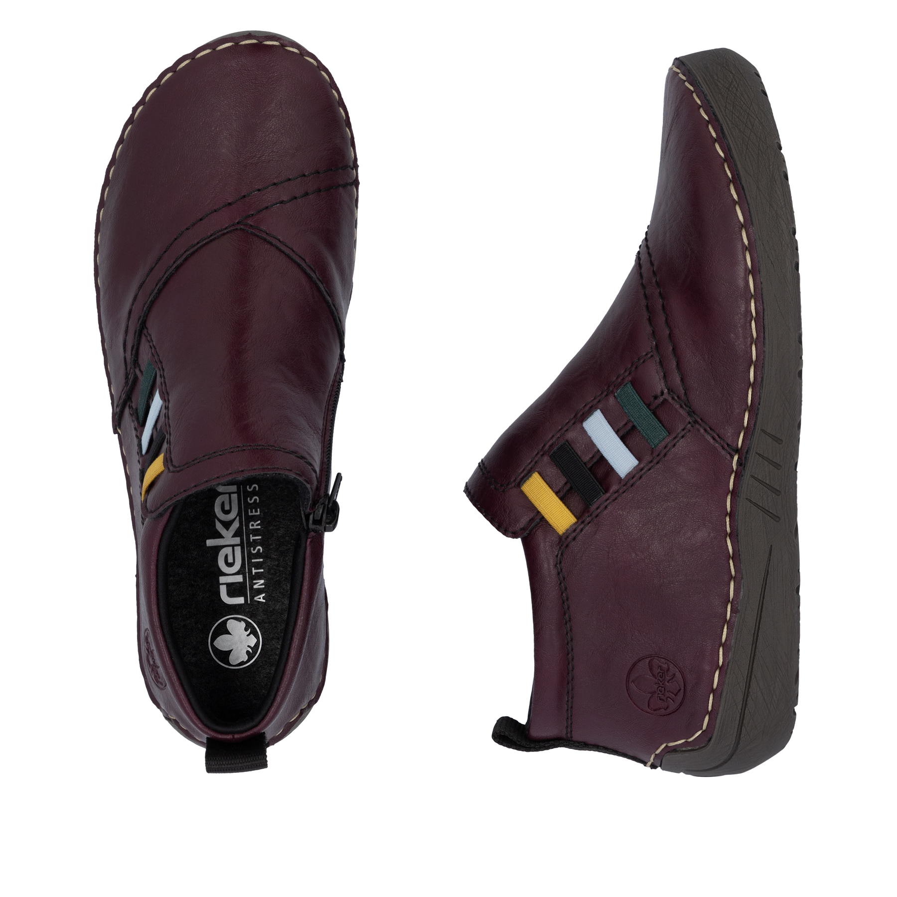 Dunkelrote Rieker Damen Kurzstiefel 52584-30 mit einem Reißverschluss. Schuh von oben, liegend.