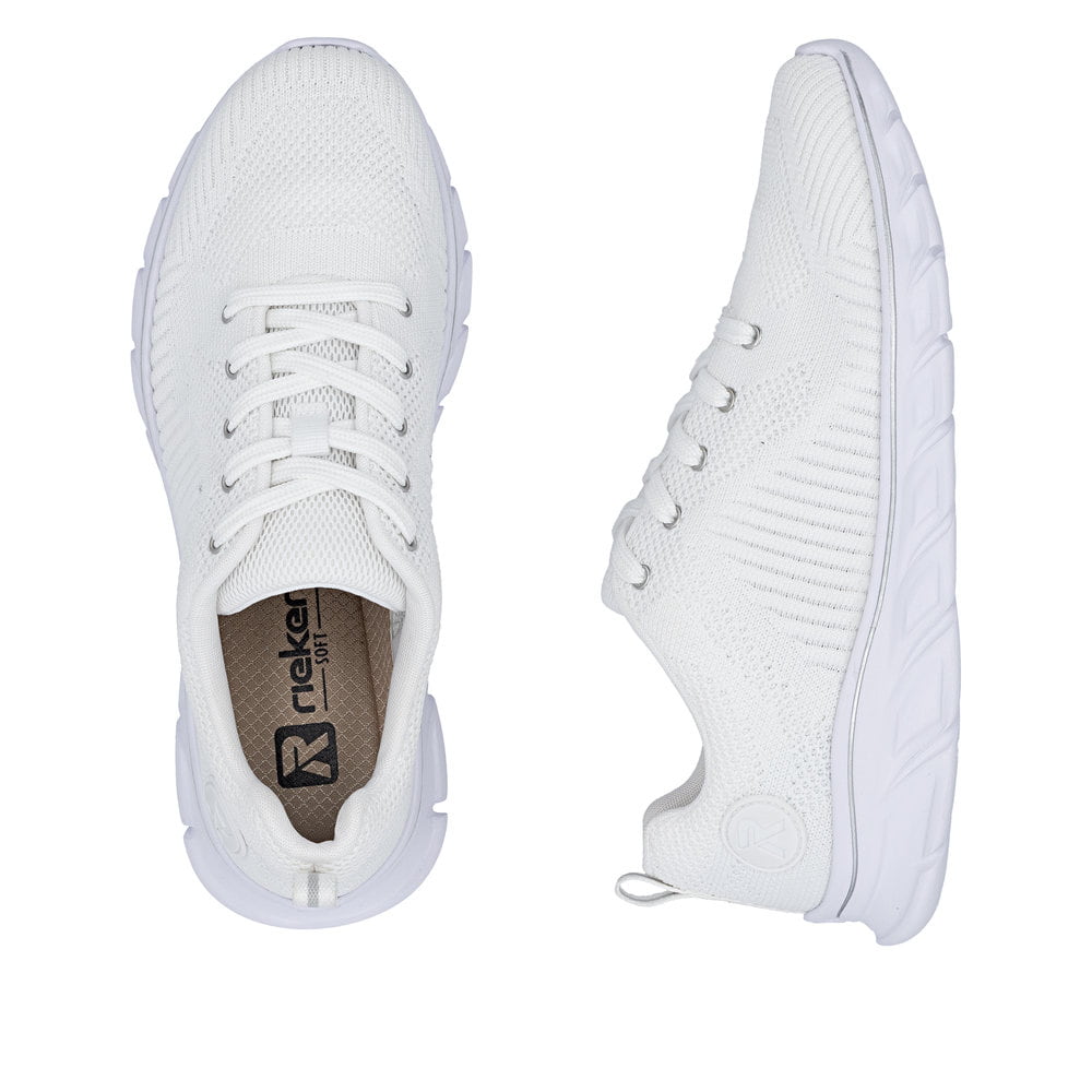Weiße vegane Rieker Damen Sneaker Low 54022-81 mit einer Schnürung. Schuh von oben, liegend.