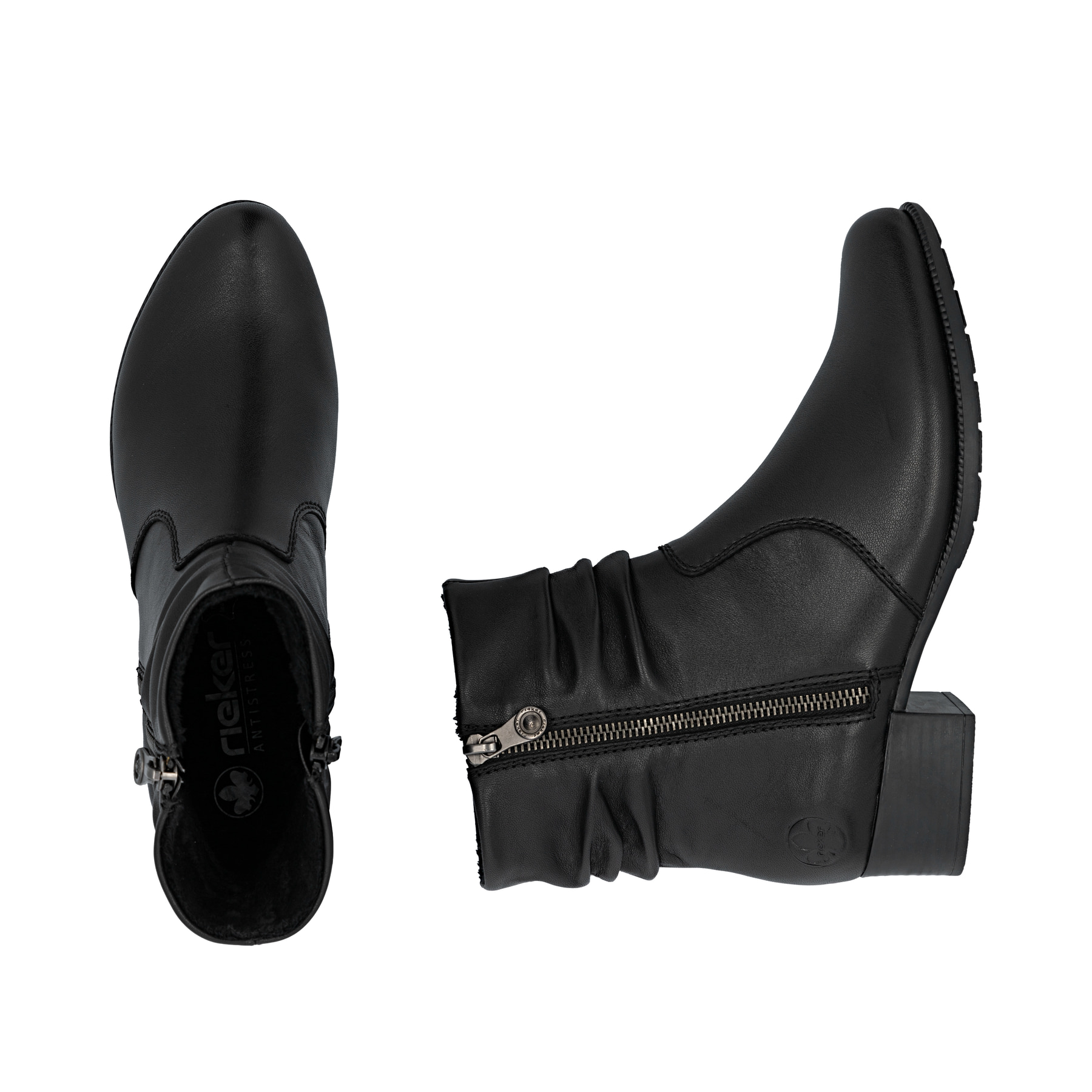 Schwarze Rieker Damen Stiefeletten 78656-00 aus Glattleder mit Reißverschluss. Schuh von oben, liegend.