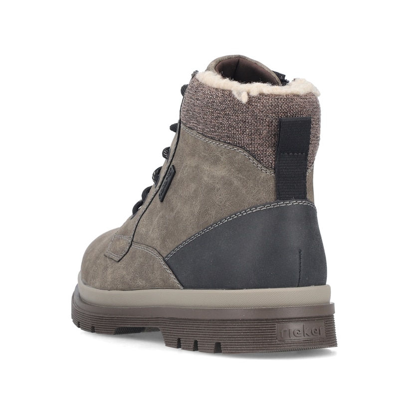 Grau-braune Rieker Herren Schnürstiefel F7010-25 mit modernen Ziernähten. Schuh von hinten.