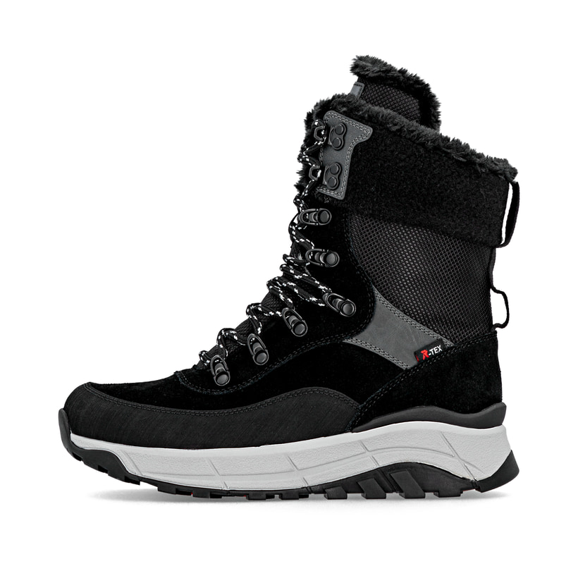 Schwarze Rieker Damen Schnürstiefel W0066-00 mit wasserabweisender TEX-Membran. Schuh Außenseite.