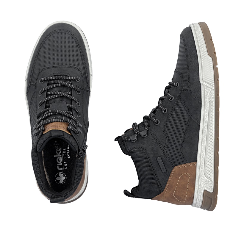 Schwarz-braune Rieker Herren Sneaker High 36020-00 mit einem Reißverschluss. Schuh von oben, liegend.
