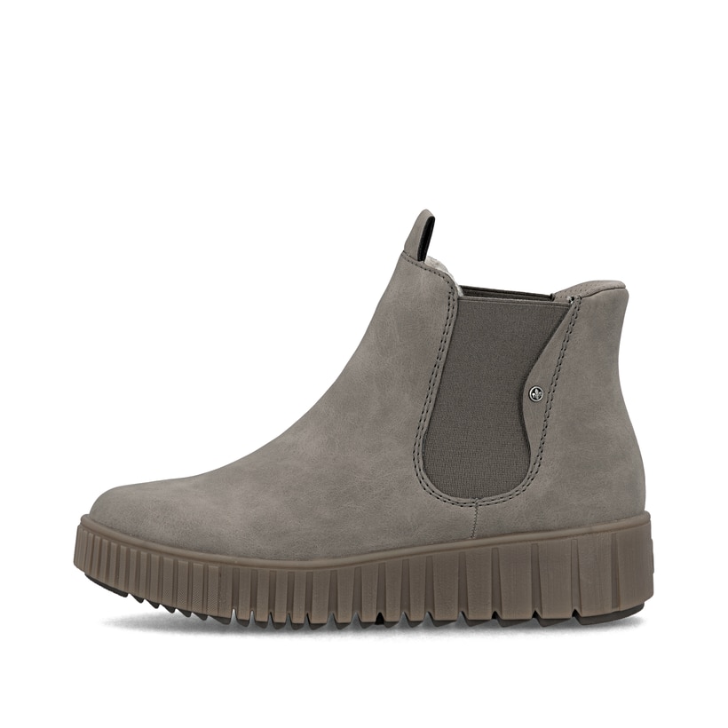 Hellgraue Rieker Damen Chelsea Boots Y6150-42 mit easy Hineinschlüpf-Möglichkeit. Schuh Außenseite.