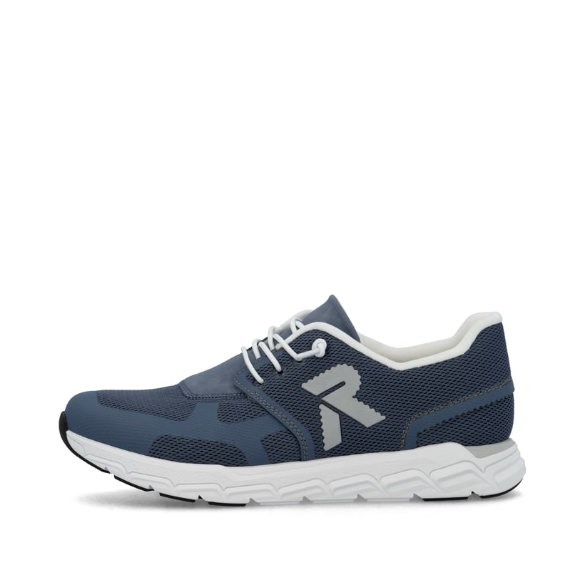 Blaue Rieker Damen Sneaker Low M9000-12 mit Gummischnürung sowie flexibler Sohle. Schuh Außenseite.